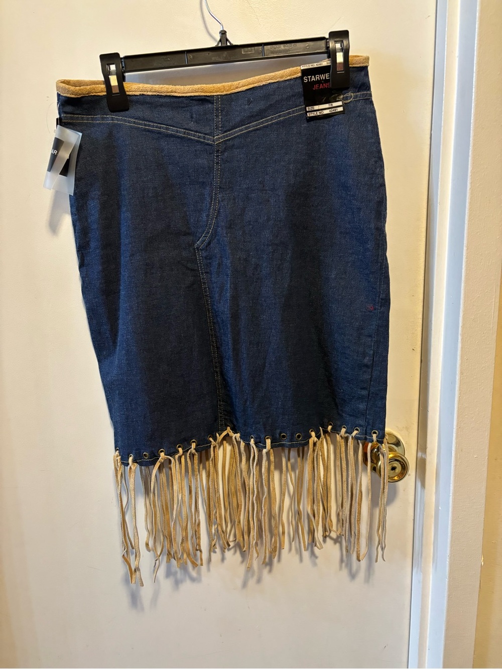 Dark Blue Denim Midi Skirt with Cream Fringe Trim - Picture 2 of 3